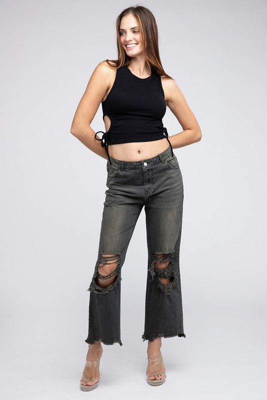 BiBi High Rise Distressed Vintage Washed Ankle Wide Leg Jeans