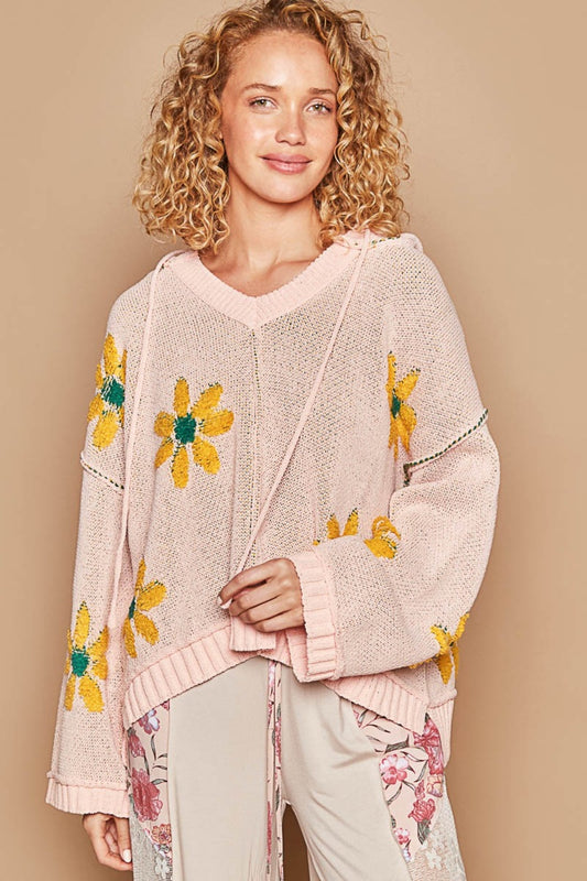 POL Floral Pattern Hooded High-Low Hem Long Sleeves Pullover Sweater | Pink