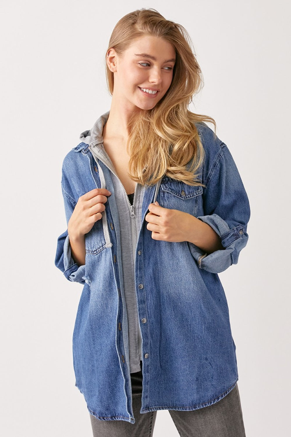 RISEN Oversized Long Sleeves Zip Up Pockets Dark Wash Hooded Denim Shirt