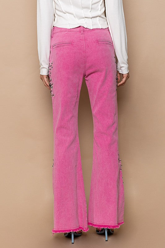 POL Slim Fit Raw Hem Embroidered Detail Stretch Flare Denim Jeans | Hot Pink