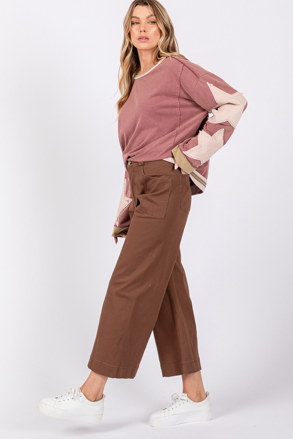 SAGE + FIG Adjustable Button Closure Pockets Wide Leg Cropped Pants | Mocha