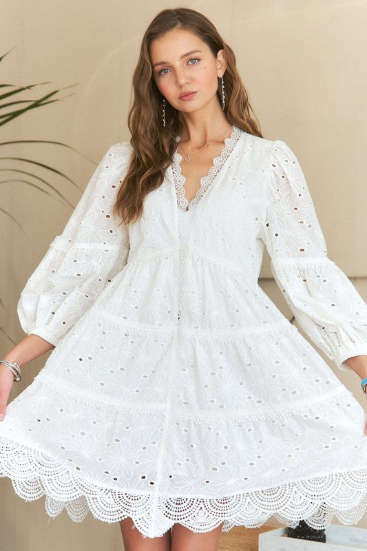 ADORA Lace Detail Tiered Eyelet V-Neck Babydoll Dress | White