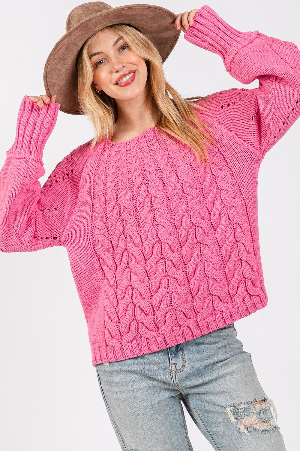 SAGE + FIG Cable Knit Long Sleeves Boat Neckline Pullover Sweater | Deep Pink