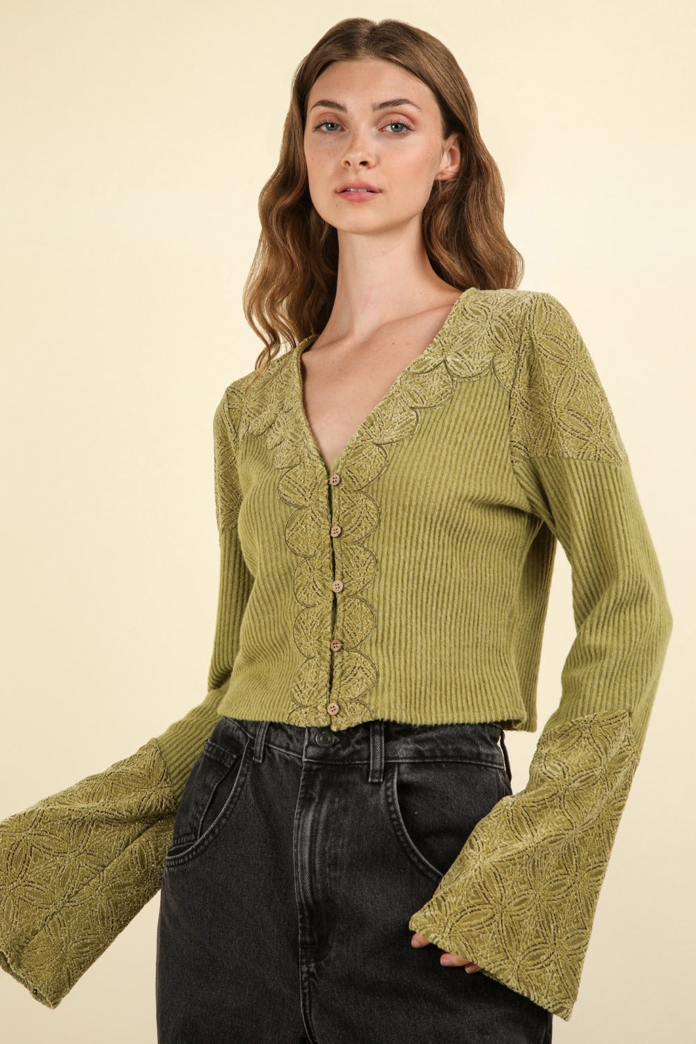 VERY J V-Neck Contrast Lace Detail Button Down Crop Ribbed Knit Top | Olive