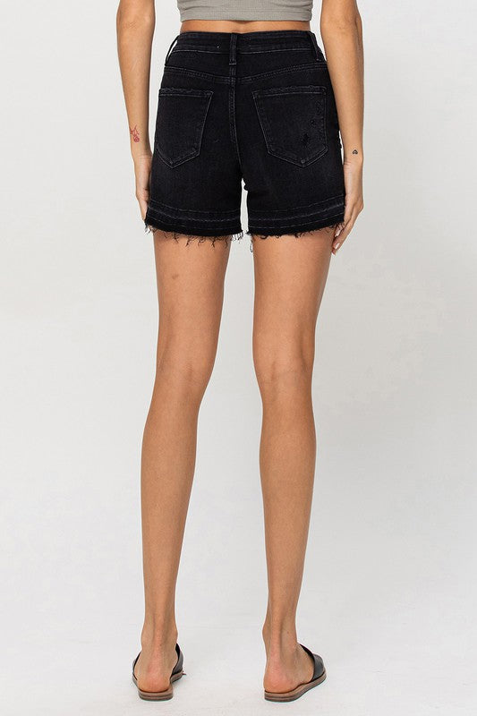 VERVET Washed Out High Rise Raw Hem Criss Cross Waistband Stretch Shorts