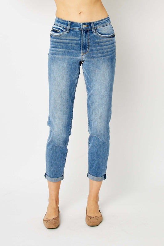 Judy Blue Full Size Mid Rise Cuffed Hem Zipper Fly Cropped Slim Jeans