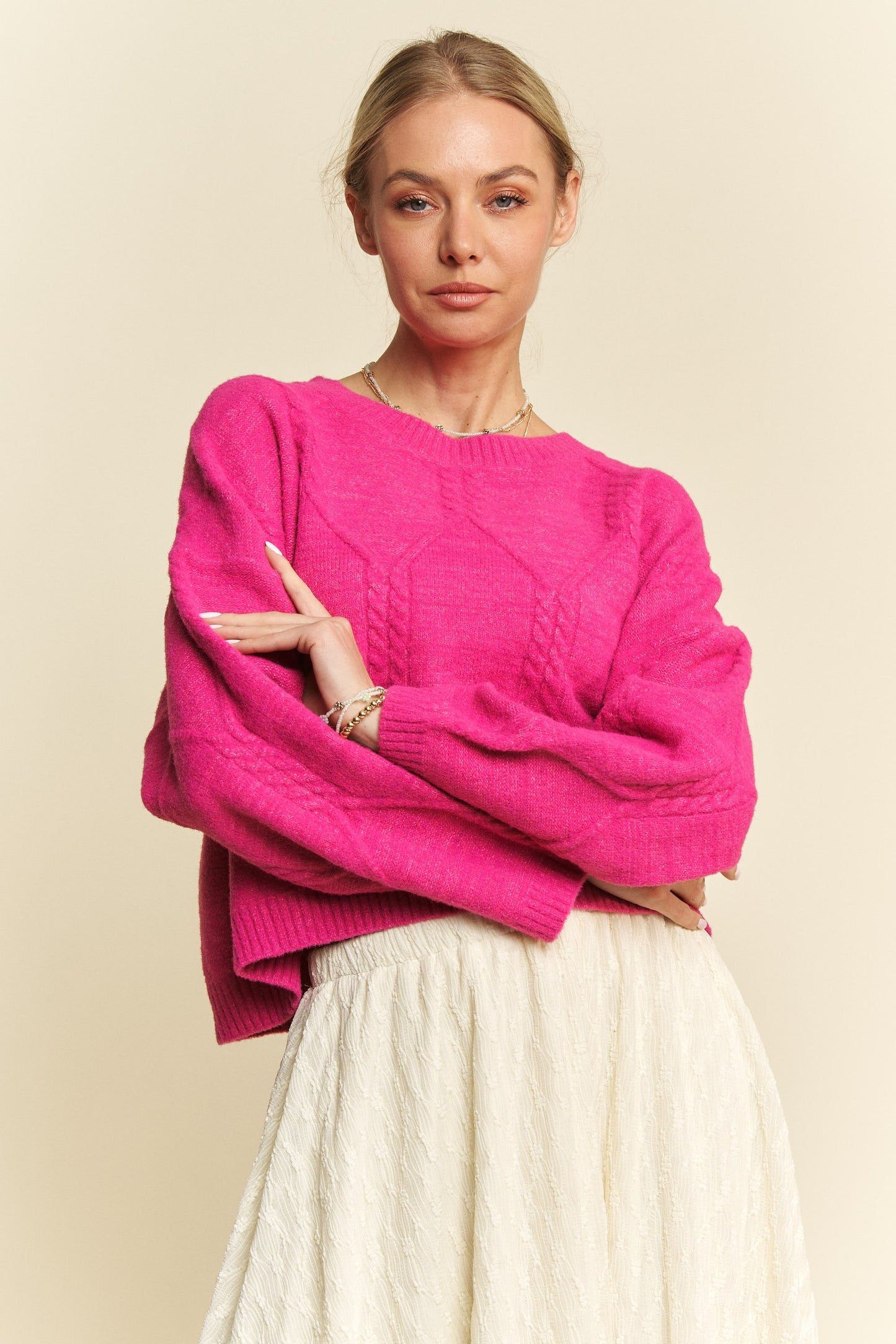 Davi & Dani Diamond Cable Pattern Drop Shoulder Cropped Knit Sweater | Pink