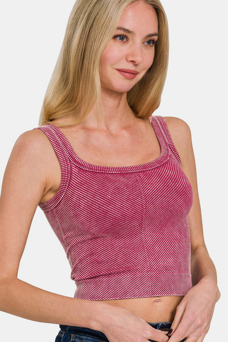 Zenana Stone Washed Ribbed Scoop Neck Seamless Wide Strap Tank Top | Burgundy