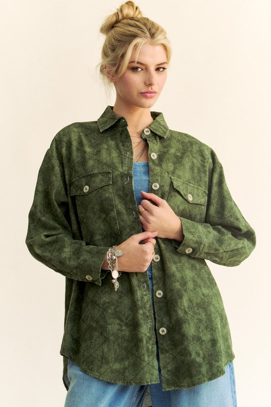 Davi & Dani Curved Hem Diamond Quilted Button Up Denim Shacket | Army Green