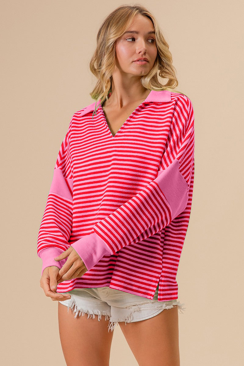 BiBi Contrast Striped Pattern Long Sleeves Loose Fit Knit Top | Pink