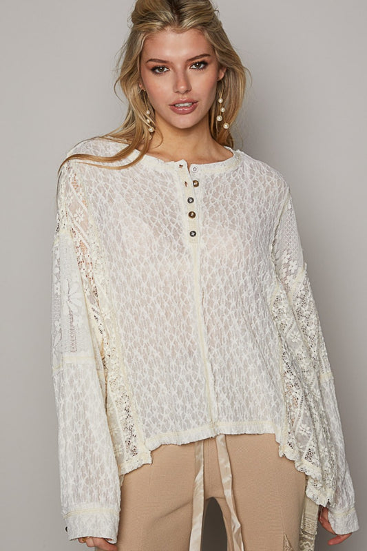 POL Oversized Round Neck Balloon Long Sleeves Raw Edge Floral Lace Top | Cream