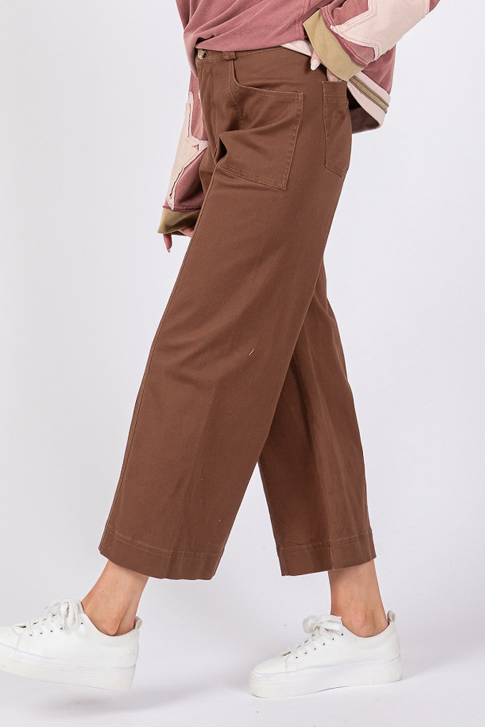 SAGE + FIG Adjustable Button Closure Pockets Wide Leg Cropped Pants | Mocha