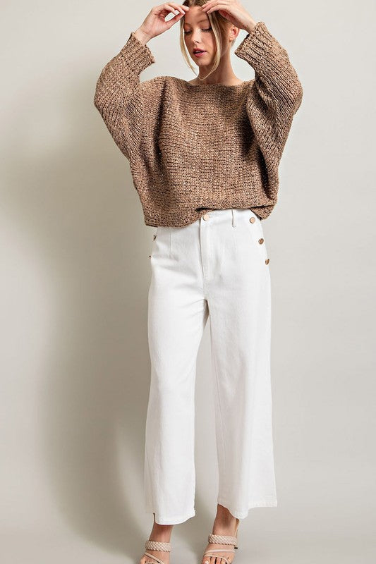 ee:some Loose Fit Long Sleeves Boat Neck Cropped Knit Sweater