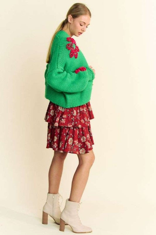 Davi & Dani Floral Applique Open Front Long Sleeves Bulky Cardigan | Green