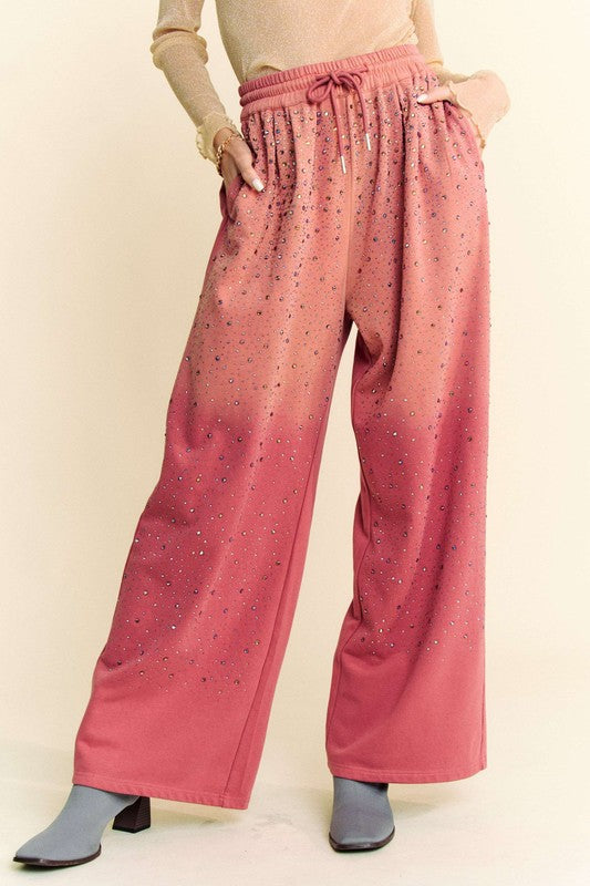 Davi & Dani Sparkling Rhinestone Pockets Drawstring Wide Leg Pants | Deep Rose