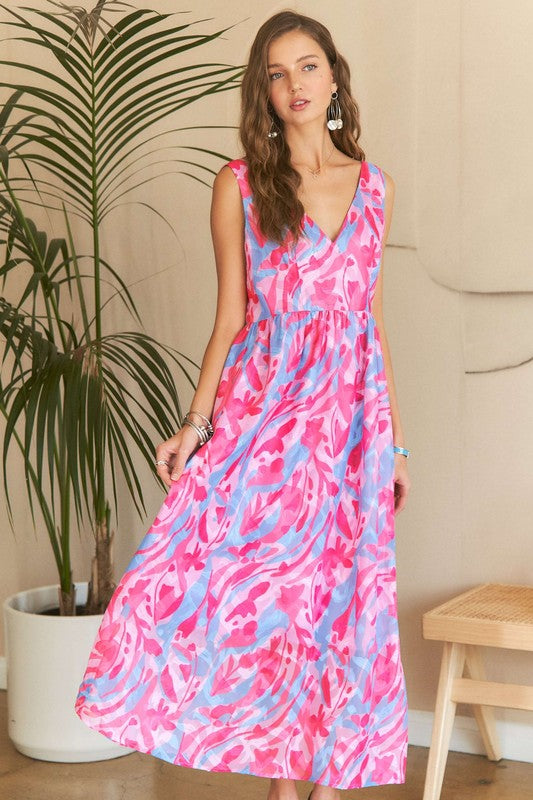 ADORA Abstract Floral Pattern V-Neck Sleeveless Zipper Back Maxi Dress | Pink