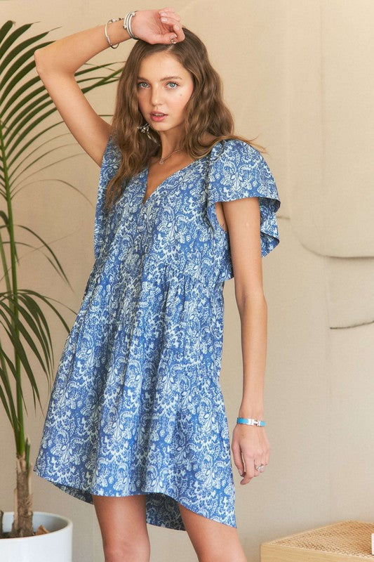 ADORA Printed V-Neck Ruffle Sleeve Mini Dress | Denim Blue