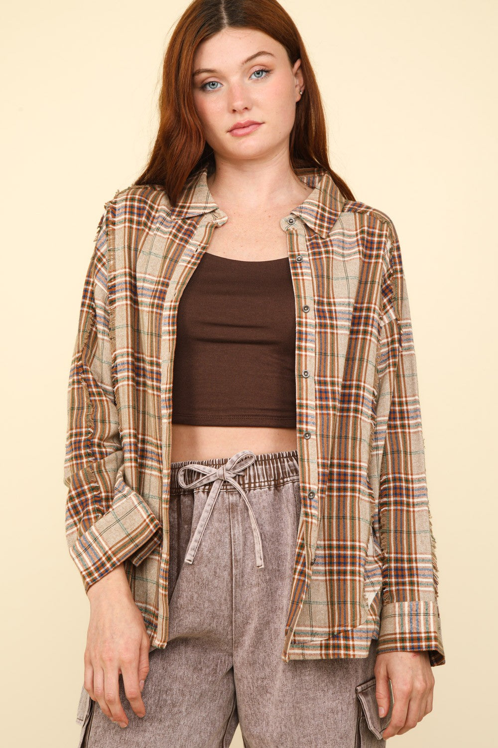 VERY J Contrast Plaid Pattern Frayed Detail Long Sleeves Oversized Shirt | Taupe