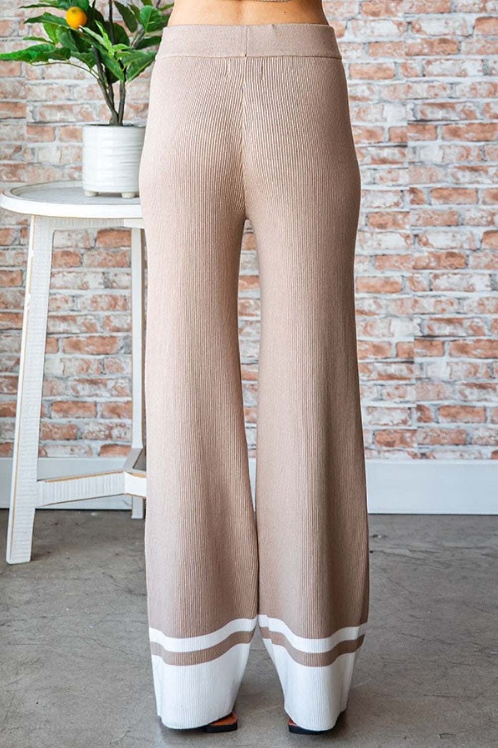 First Love Contrast Hem Elastic Band Ribbed Knit Long Straight Pants | Mocha