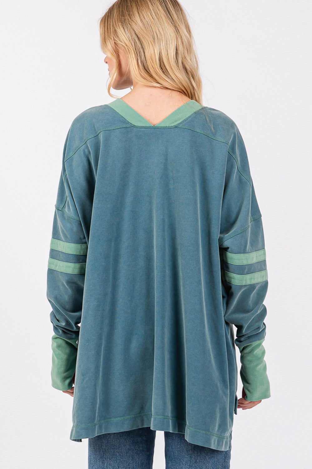 SAGE + FIG Mineral Wash Side Slit Contrast V-Neck Oversized T-Shirt | Teal