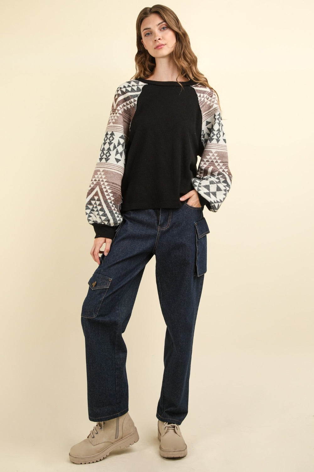 VERY J Aztec Printed Long Sleeves Round Neck Oversized Cozy Knit Top | Black