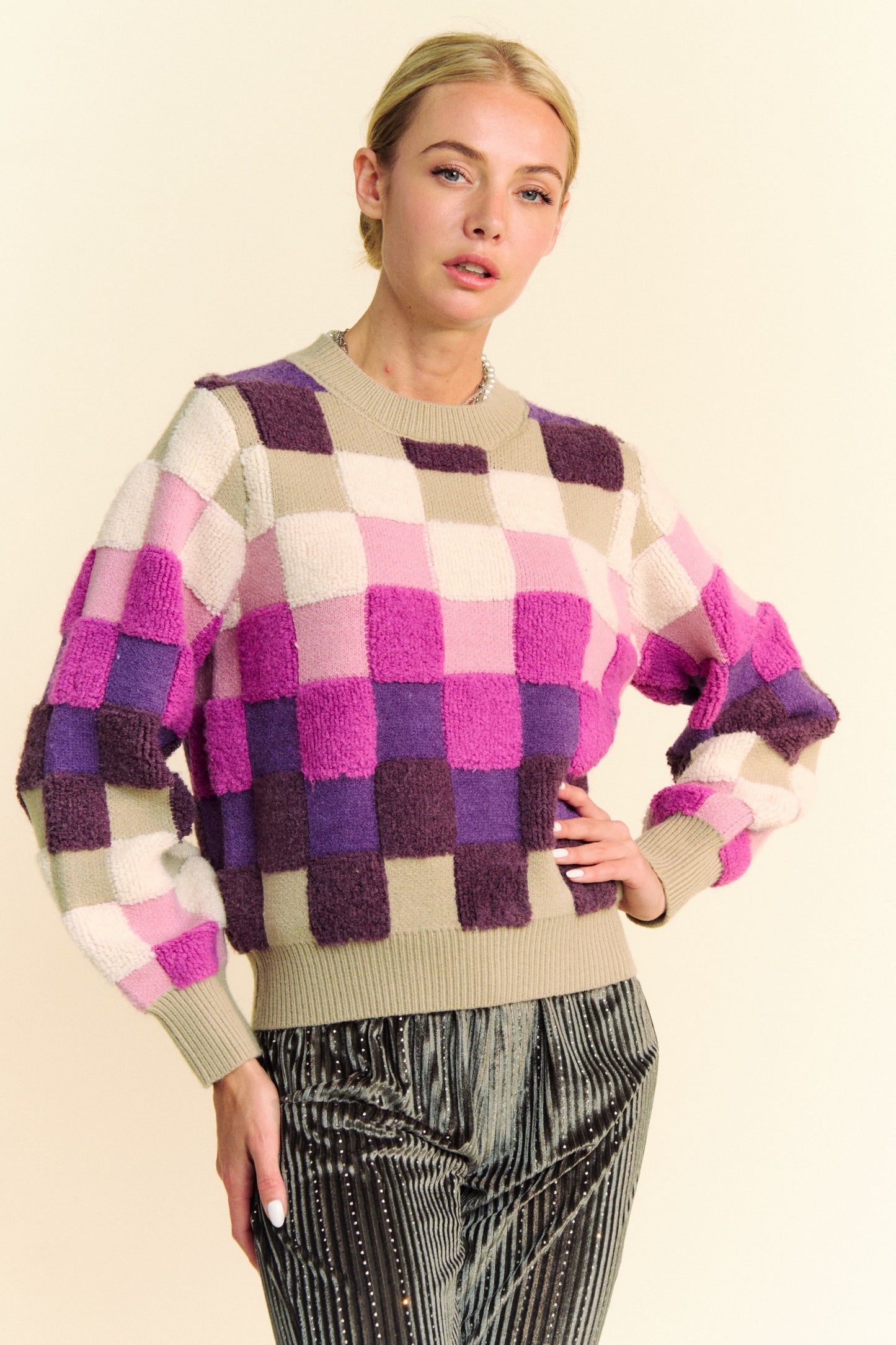 Davi & Dani Multicolor Checkered Round Neck Long Sleeves Knit Sweater | Purple