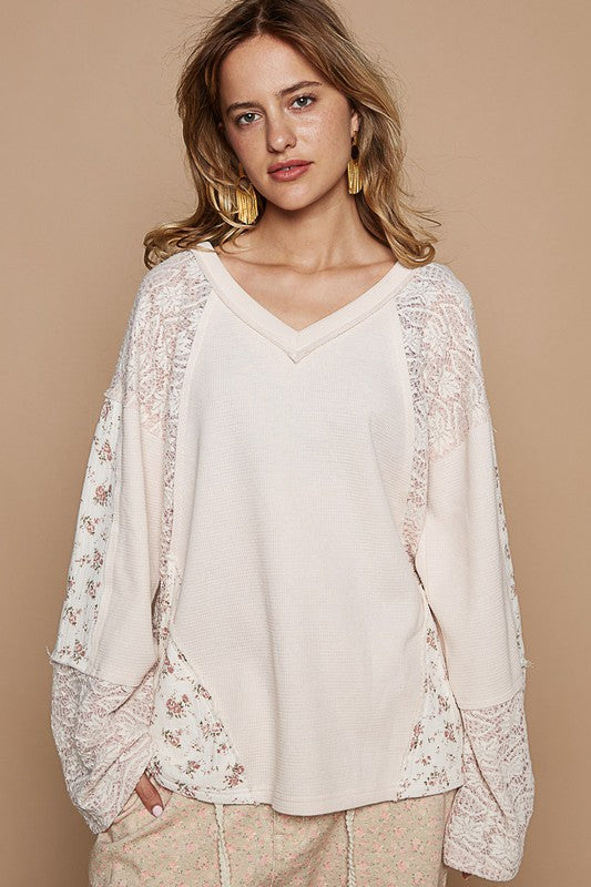 POL Lace Floral Round Neck Knit Top | Eggshell