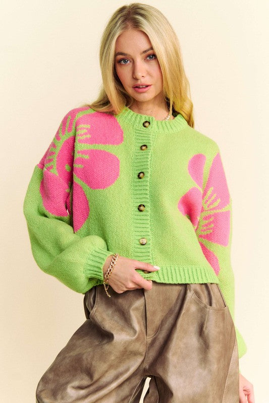 Davi & Dani Flower Contrast Round Neck Long Sleeves Cropped Cardigan | Lime