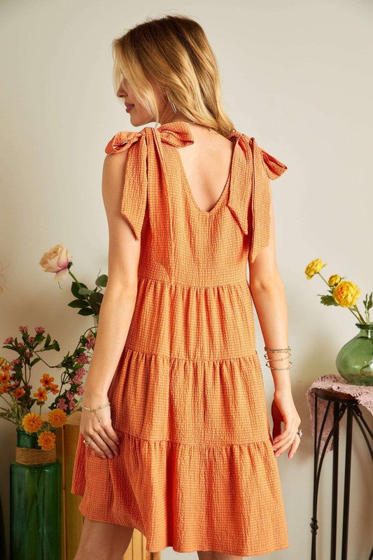 ADORA V-Neck Tie Shoulder Detail Sleeveless Tiered Babydoll Dress | Tangerine