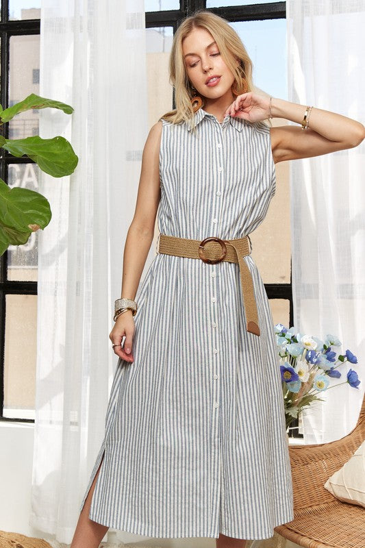 ADORA Striped Pattern Button Down Elastic Waist Sleeveless Midi Dress | Chambray