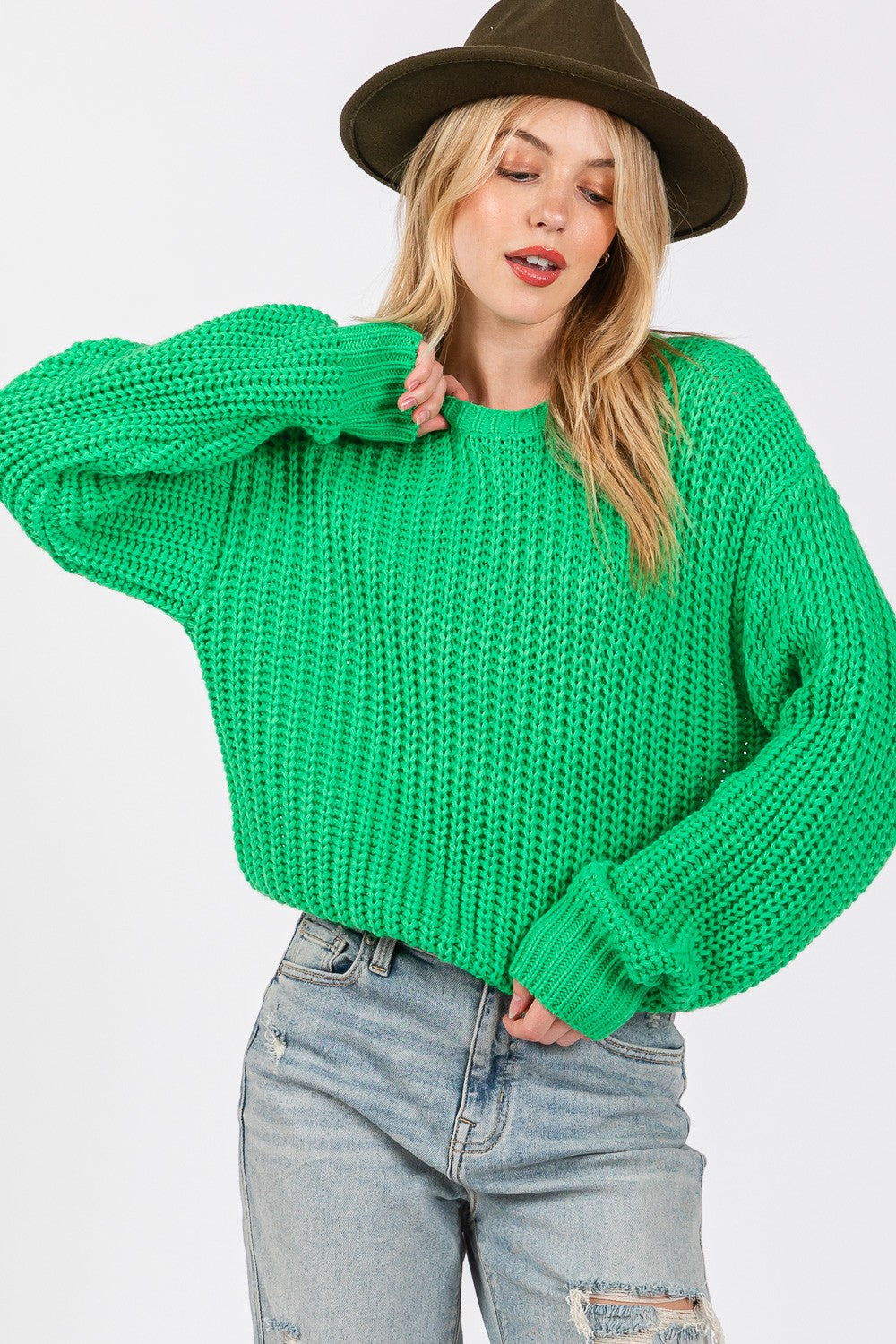 SAGE + FIG Round Neck Drop Shoulder Long Sleeves Pullover Sweater | Green