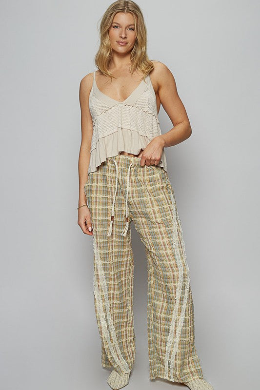 POL Lace Trim Drawstring Checkered Pattern Roomy Fit Wide Leg Pants | Sage