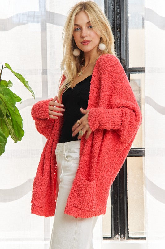 ADORA Popcorn Knit Pockets Long Sleeves Open Front Sweater Cardigan | Coral