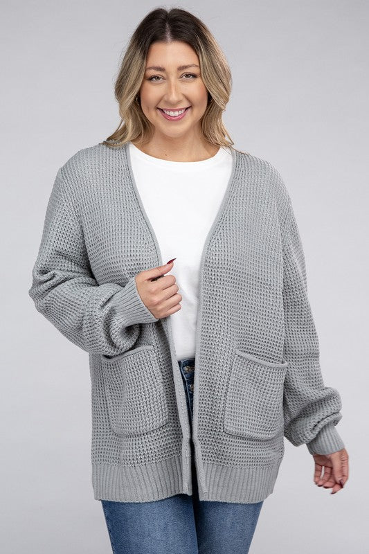 ZENANA Plus Low Gauge Waffle Oversized Open Front Sweater Cardigan