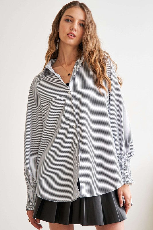 ADORA High-Low Striped Print Button Down Smocked Cuff Sleeves Shirt | Gray