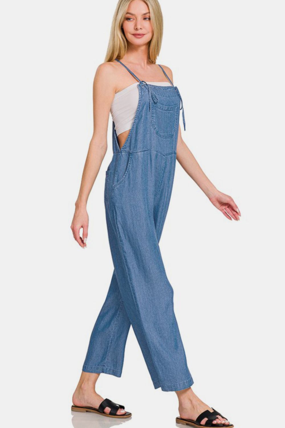 Zenana Enzyme Washed Adjustable Strap Pockets Wide Leg Denim Overalls | Blue