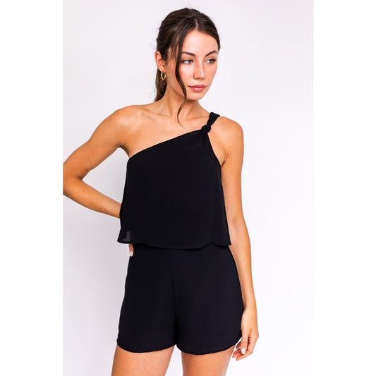 LE LIS Sleeveless One Shoulder Layered Pleated Woven Mini Romper | Size L