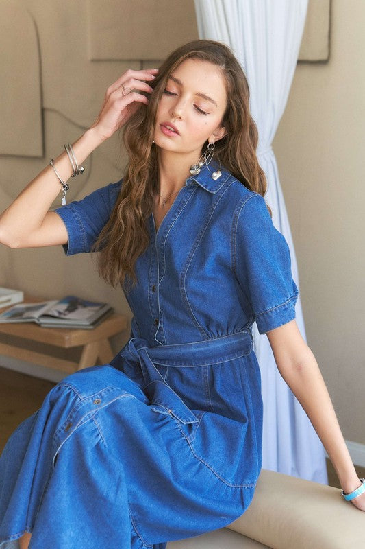 ADORA Tiered Button Down Tie Waist Short Sleeve Denim Dress | Dark