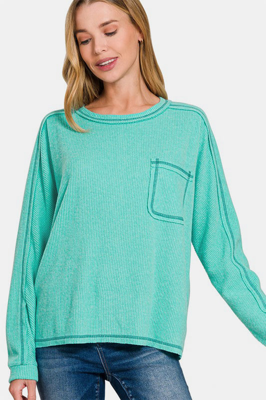 Zenana Contrast Stitching Brushed Ribbed Hacci Round Neck Knit Top | Turquoise