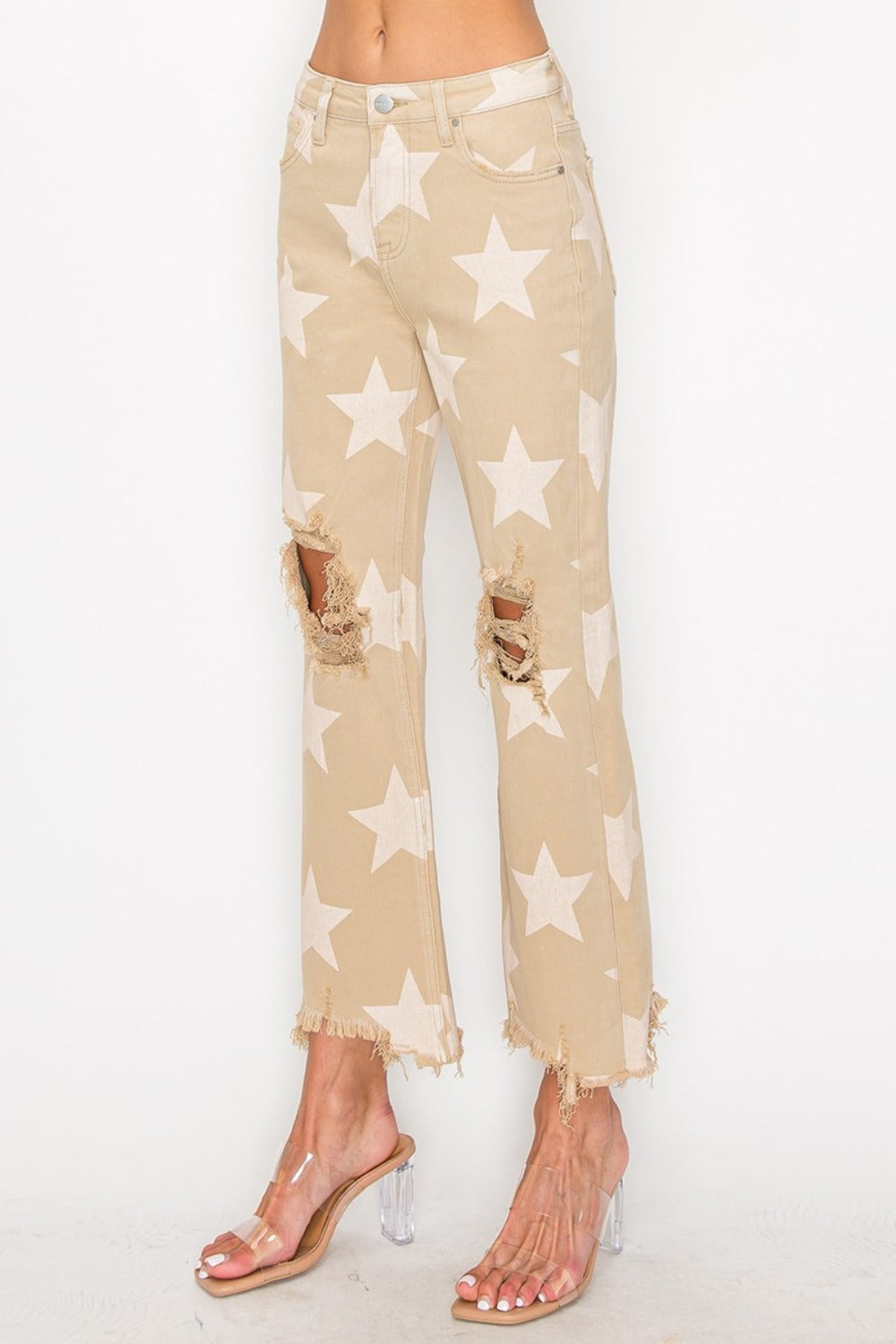 RISEN High Rise Star Printed Distressed Frayed Hem Straight Denim Jeans | Khaki