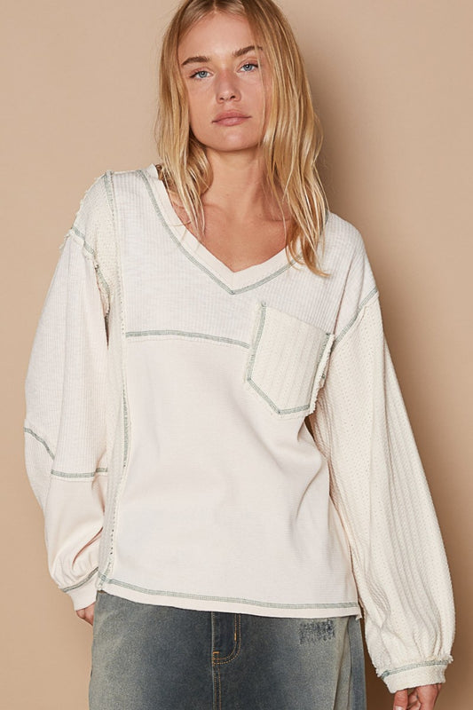 POL V-Neck Long Sleeves Chest Pocket Knit Panel Exposed Seam Top | Cream