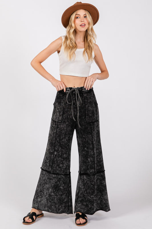 SAGE + FIG Mineral Washed Elastic Waist Terry Knit Wide Leg Pants | Ash