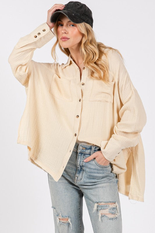 SAGE + FIG Frayed Hem Side Slit Button Down Shirt | Natural