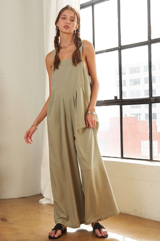 ADORA Square Neck Wide Leg Overalls with Pockets | Sage