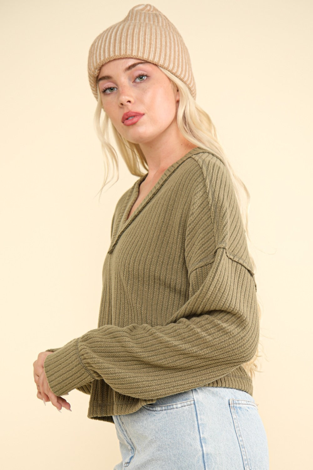 VERY J Exposed Seam V-Neck Long Sleeves Relaxed Fit Soft Ribbed Knit Top | Olive