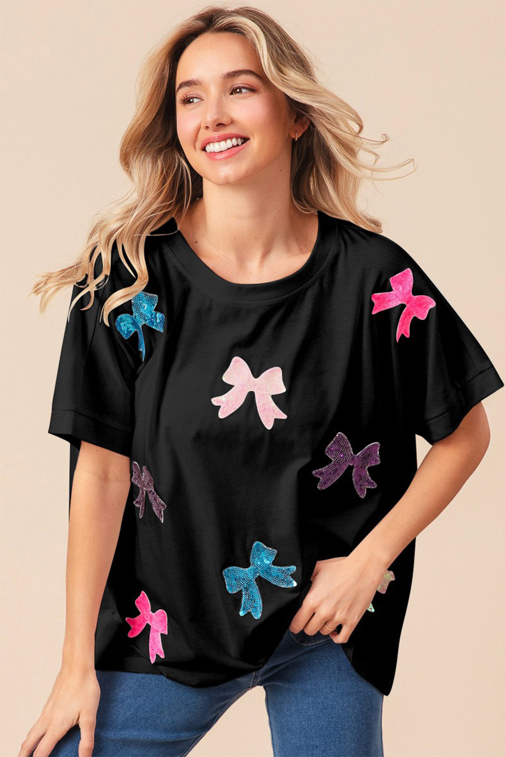 BiBi Solid Drop Shoulders Sequin Bows Patch Short Sleeves T-Shirt | Black