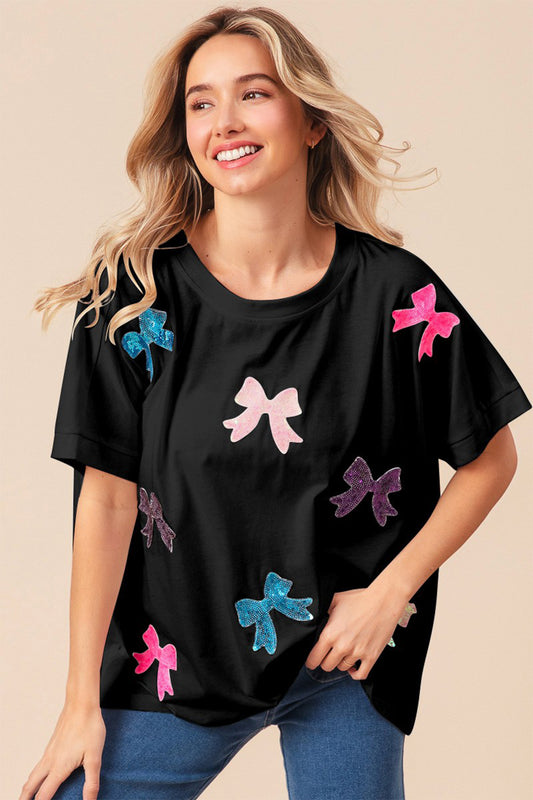 BiBi Solid Drop Shoulders Sequin Bows Patch Short Sleeves T-Shirt | Black