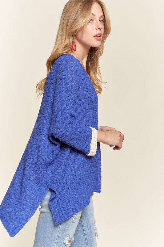 ADORA Side Slit Color Block Long Sleeves V-Neck Lightweight Sweater | Royal Blue