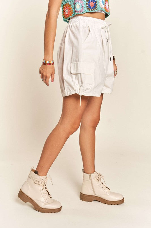 ADORA High Waisted Drawstring Relaxed Fit Wide Leg Cargo Pockets Shorts | White