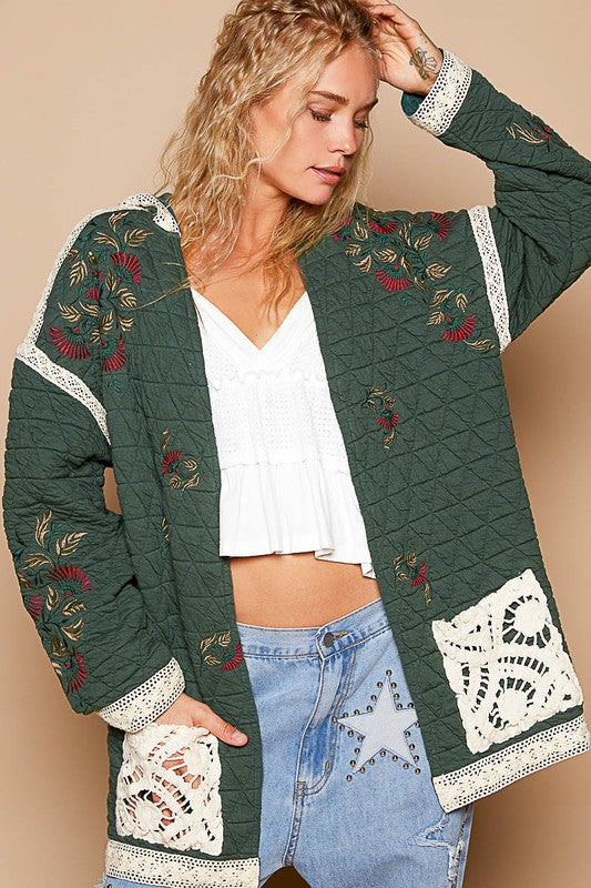 POL Vintage Washed Embroidered Crochet Pockets Open Front Quilted Jacket | Green